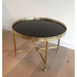 Round Brass Coffee Table Black Glass, Maison Jansen, c.1940
