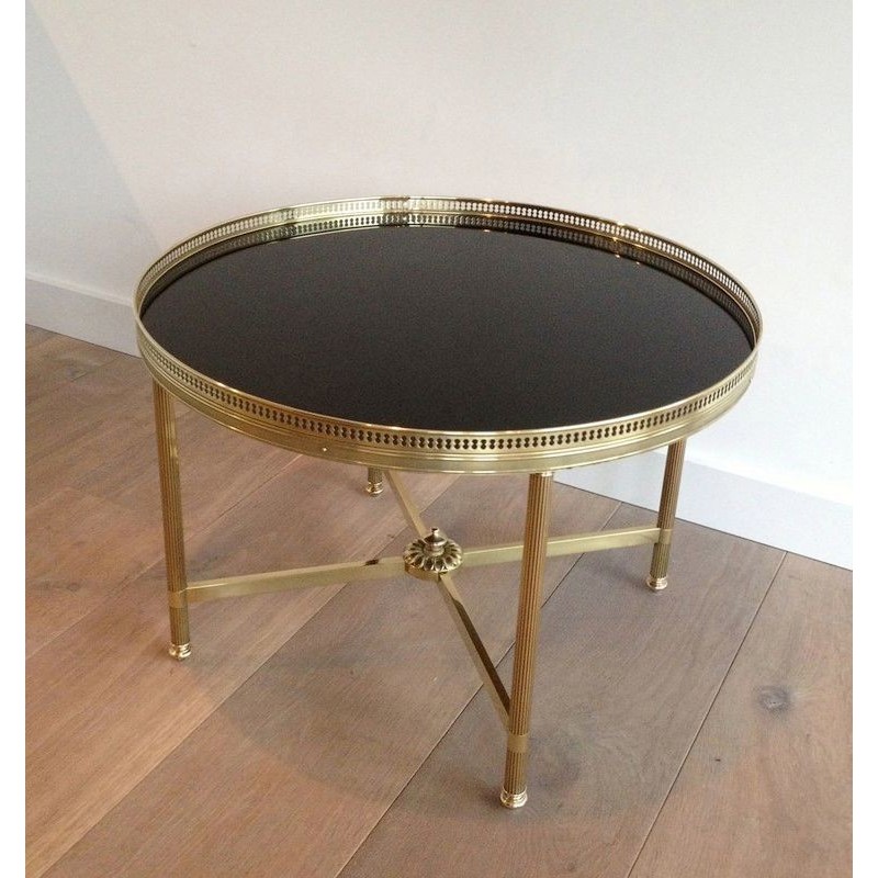 Round Brass Coffee Table Black Glass, Maison Jansen, c.1940