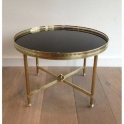 Round Brass Coffee Table Black Glass, Maison Jansen, c.1940
