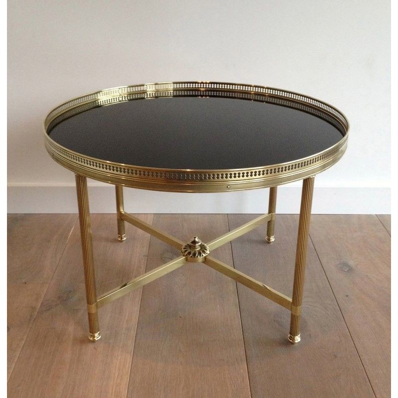 Round Brass Coffee Table Black Glass, Maison Jansen, c.1940