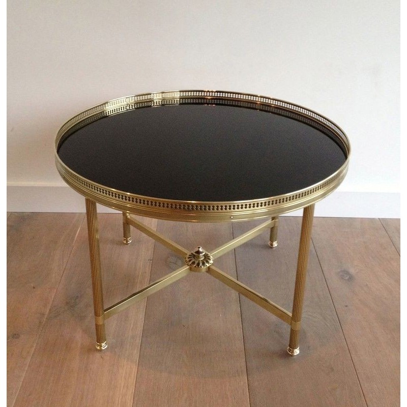 Table Basse Ronde Laiton Verre Noir, Maison Jansen, c.1940