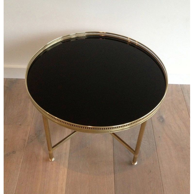Round Brass Coffee Table Black Glass, Maison Jansen, c.1940