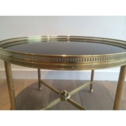Round Brass Coffee Table Black Glass, Maison Jansen, c.1940
