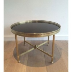 Table Basse Ronde Laiton Verre Noir, Maison Jansen, c.1940