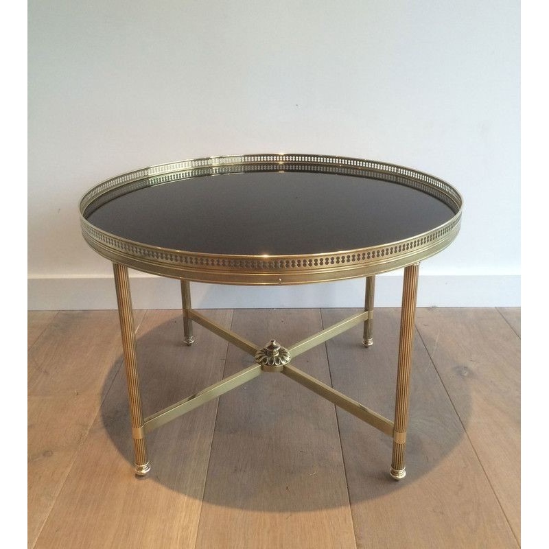 Table Basse Ronde Laiton Verre Noir, Maison Jansen, c.1940