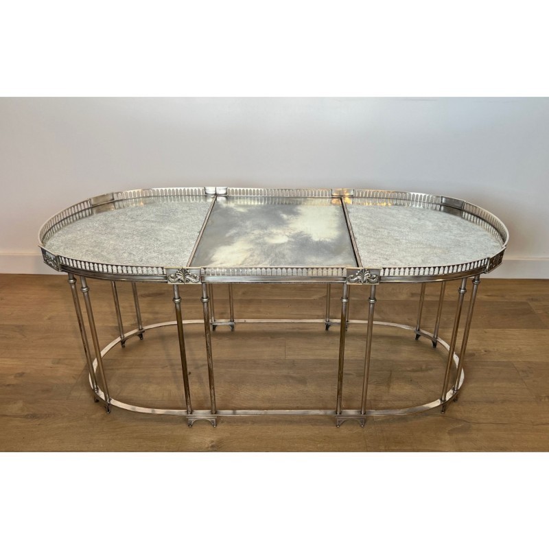 Table Basse Néoclassique Métal Argenté Miroirs, Vers 1940