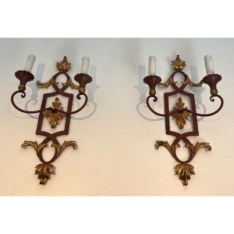 Pair Wrought Iron Sconces Acanthus Gilt, c.1940