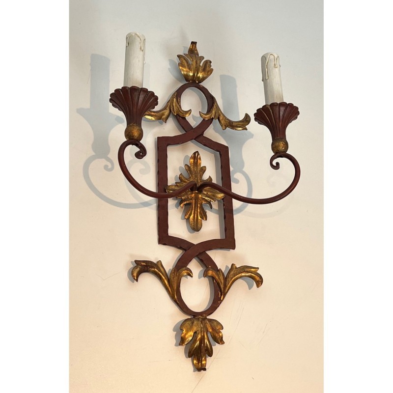 Pair Wrought Iron Sconces Acanthus Gilt, c.1940