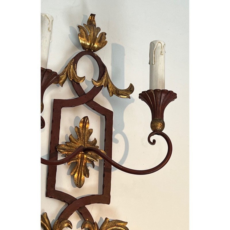 Paire Appliques Fer Forgé Acanthes Dorées, Vers 1940