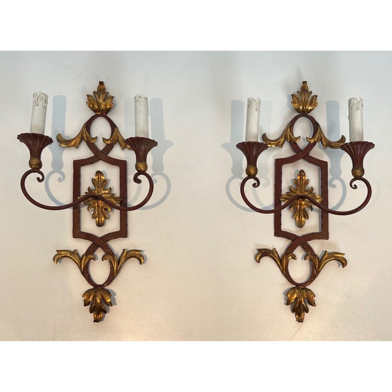 Pair Wrought Iron Sconces Acanthus Gilt, c.1940