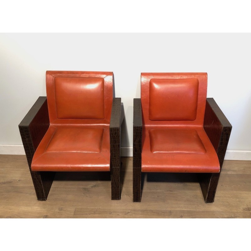 Pair Brown & Orange Leather Armchairs, c.1970