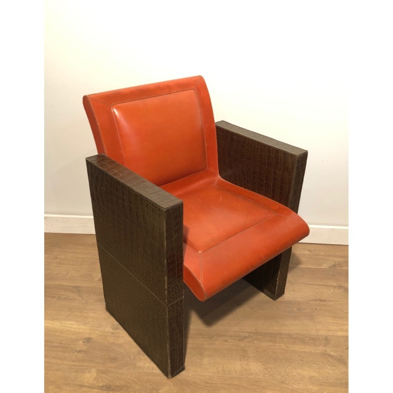 Paire Fauteuils Cuir Marron Orangé, Vers 1970