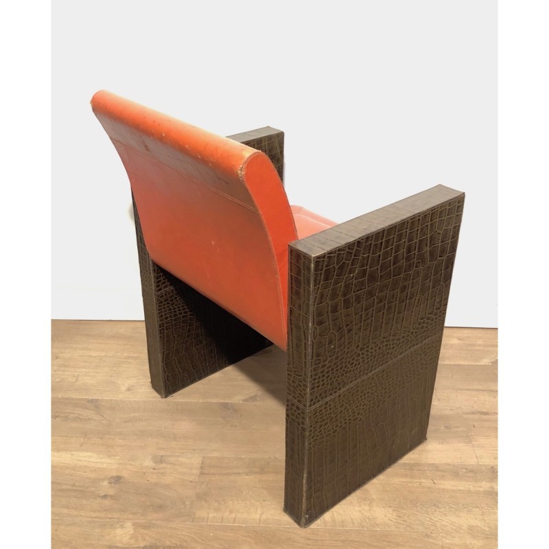 Paire Fauteuils Cuir Marron Orangé, Vers 1970