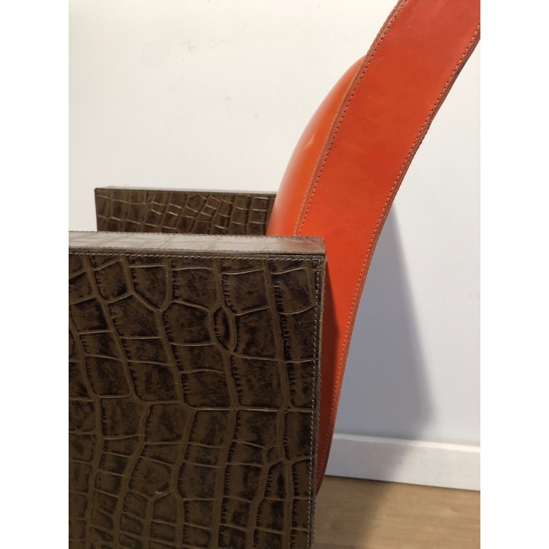 Paire Fauteuils Cuir Marron Orangé, Vers 1970
