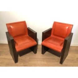 Pair Brown & Orange Leather Armchairs, c.1970