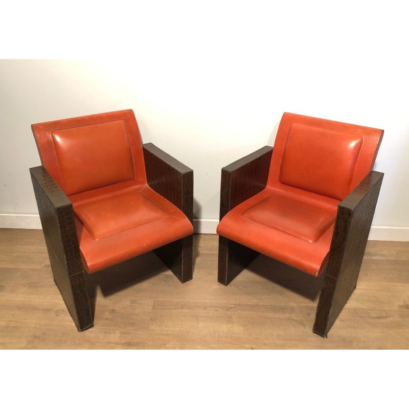 Paire Fauteuils Cuir Marron Orangé, Vers 1970