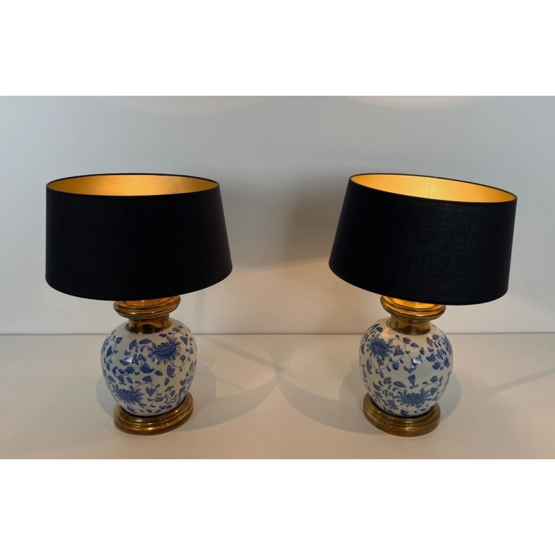 Pair of Chinoiserie Porcelain Table Lamps, Brass Mounts, circa 1970