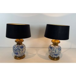 Pair of Chinoiserie Porcelain Table Lamps, Brass Mounts, circa 1970
