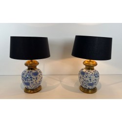Pair of Chinoiserie Porcelain Table Lamps, Brass Mounts, circa 1970