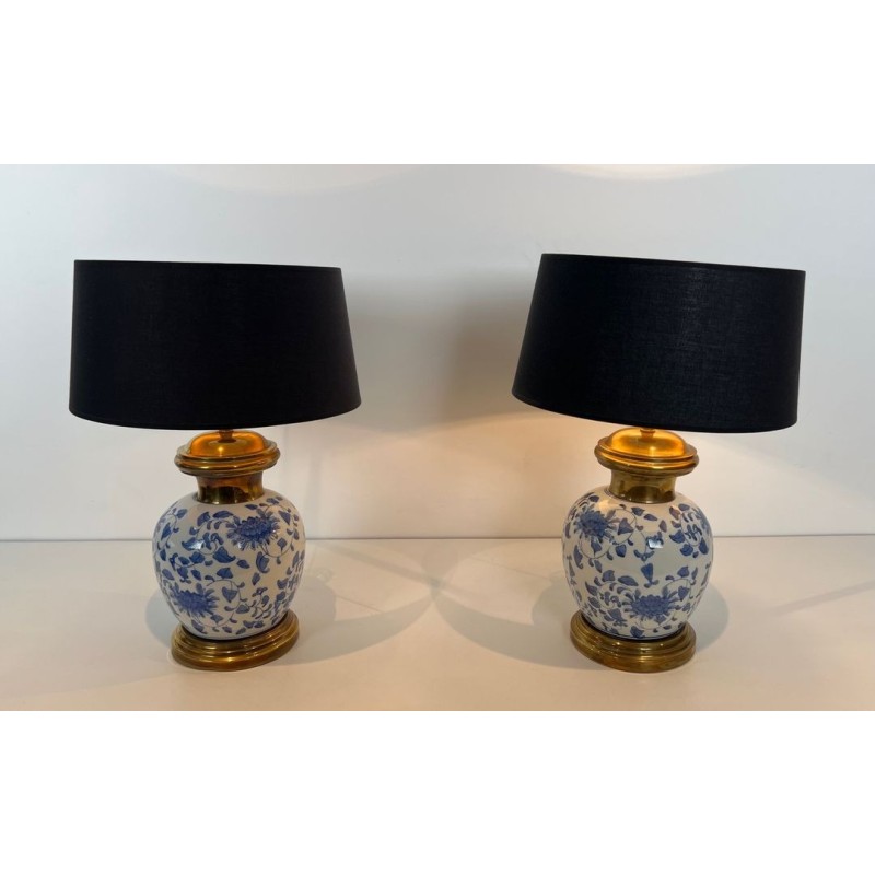 Pair of Chinoiserie Porcelain Table Lamps, Brass Mounts, circa 1970