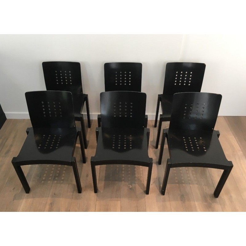 Suite de 6 Chaises Bois Laqué Noir, Vers 1950