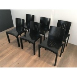 Suite de 6 Chaises Bois Laqué Noir, Vers 1950