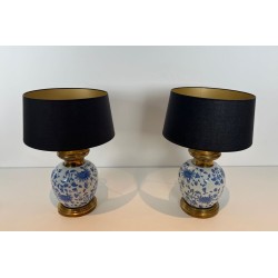 Pair of Chinoiserie Porcelain Table Lamps, Brass Mounts, circa 1970