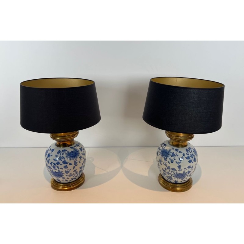 Pair of Chinoiserie Porcelain Table Lamps, Brass Mounts, circa 1970