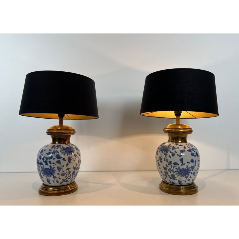 Pair of Chinoiserie Porcelain Table Lamps, Brass Mounts, circa 1970