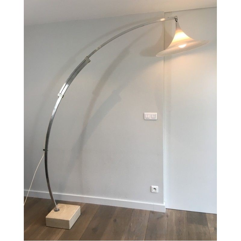 Arco-Style Floor Lamp Brushed Aluminum & Marble, Circa 1970