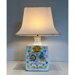 Earthenware Lamp with Birds and Flowers Decoration, French Work, circa 1970