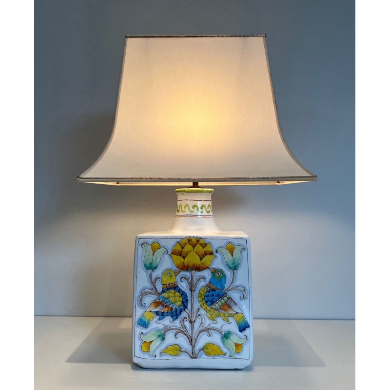 Earthenware Lamp with Birds and Flowers Decoration, French Work, circa 1970