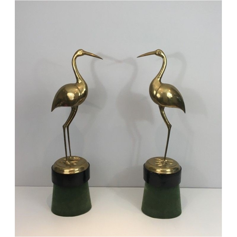 Pair Brass Birds Wood Velvet Bases 1970 | Maison BARROIS