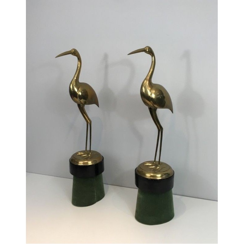 Pair Brass Birds Wood Velvet Bases 1970 | Maison BARROIS