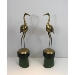Paire Oiseaux Laiton Socles Velours 1970 | Maison BARROIS