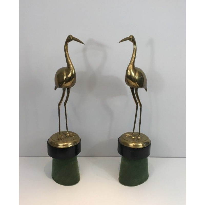 Paire Oiseaux Laiton Socles Velours 1970 | Maison BARROIS