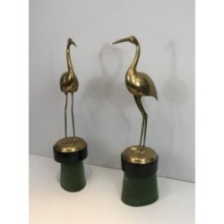 Pair Brass Birds Wood Velvet Bases 1970 | Maison BARROIS