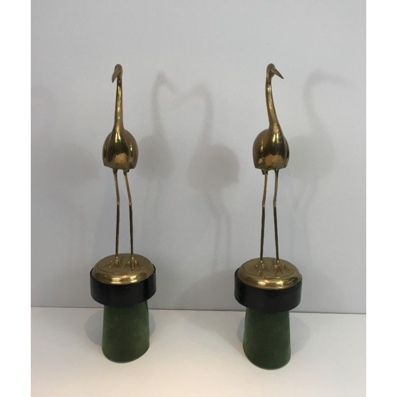Pair Brass Birds Wood Velvet Bases 1970 | Maison BARROIS