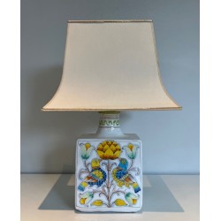 Earthenware Lamp with Birds and Flowers Decoration, French Work, circa 1970