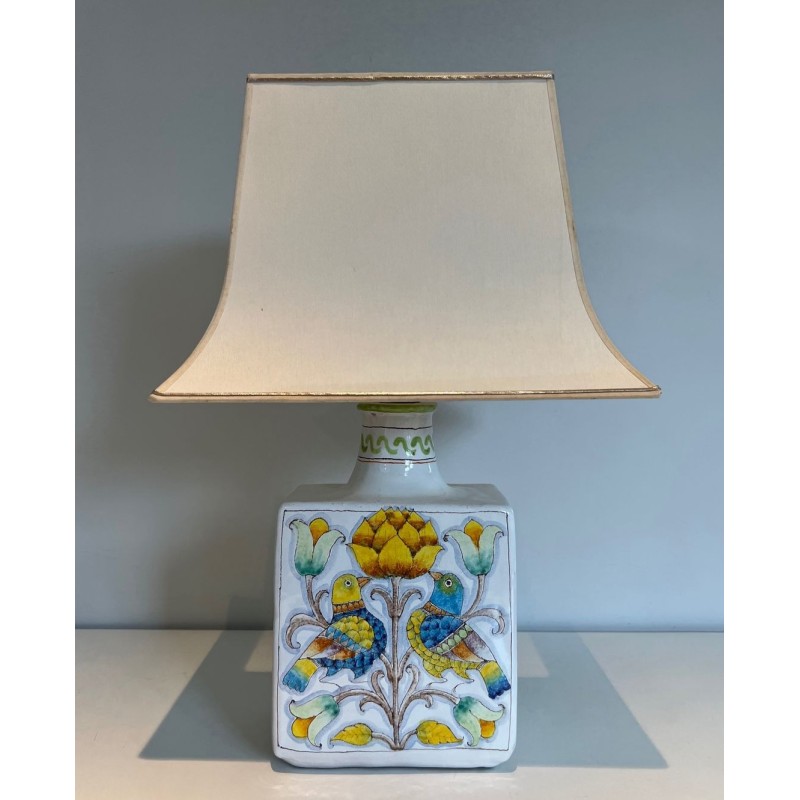Earthenware Lamp with Birds and Flowers Decoration, French Work, circa 1970