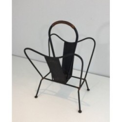 Magazine Rack Adnet Black Metal Brown Leather 1940 | Maison BARROIS