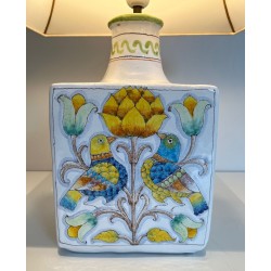 Lampe Faïence Décors Oiseaux et Fleurs, Travail Français, vers 1970