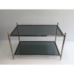 Table Basse Néoclassique Argentée à Plateaux de Verres Bleutés