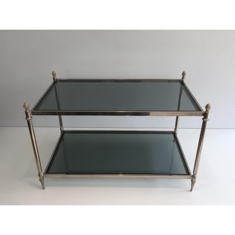 Table Basse Néoclassique Argentée à Plateaux de Verres Bleutés