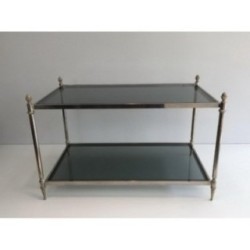 Table Basse Néoclassique Argentée à Plateaux de Verres Bleutés