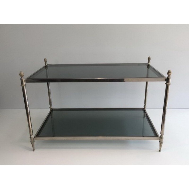 Table Basse Néoclassique Argentée à Plateaux de Verres Bleutés