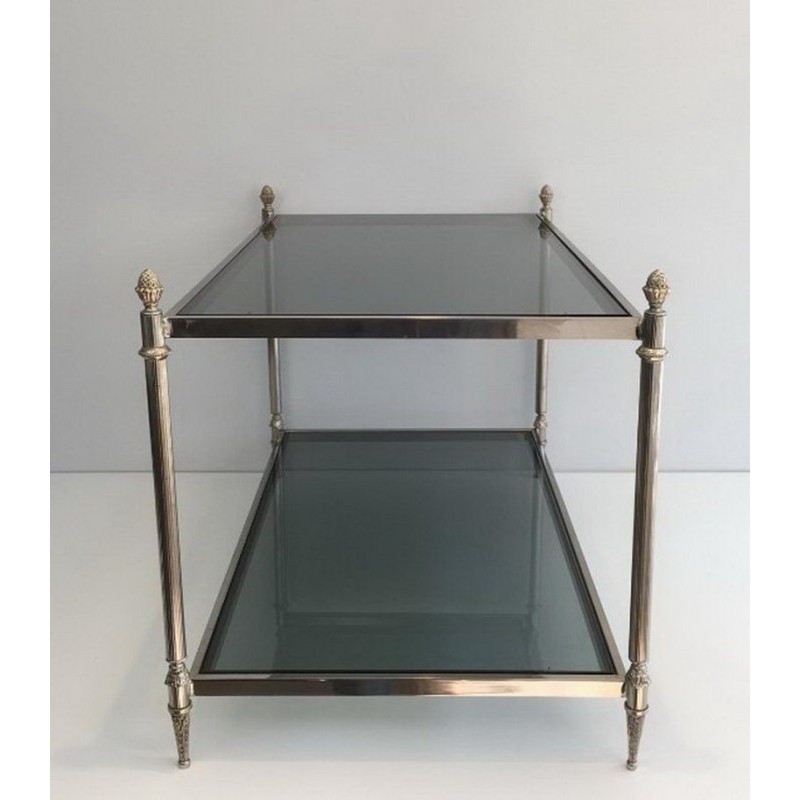 Table Basse Néoclassique Argentée à Plateaux de Verres Bleutés