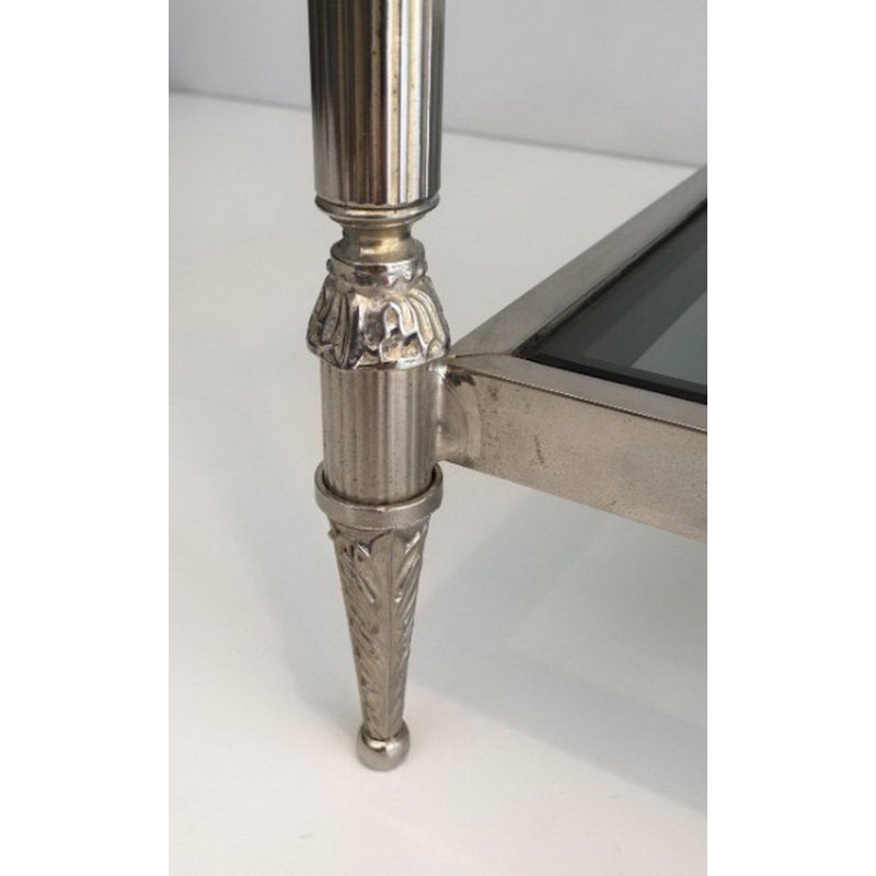 Table Basse Néoclassique Argentée à Plateaux de Verres Bleutés