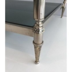 Table Basse Néoclassique Argentée à Plateaux de Verres Bleutés