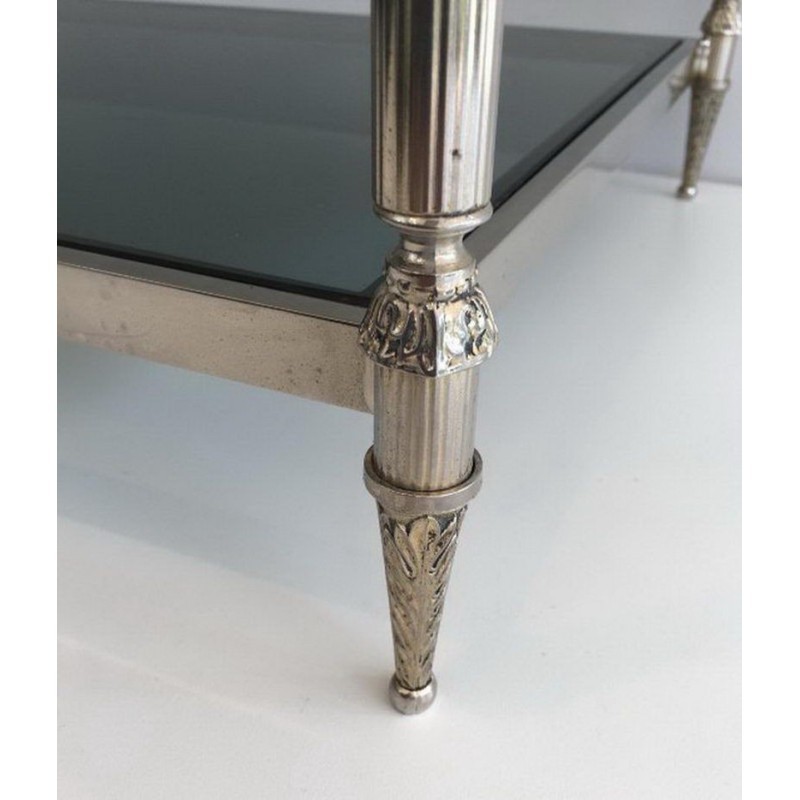 Table Basse Néoclassique Argentée à Plateaux de Verres Bleutés